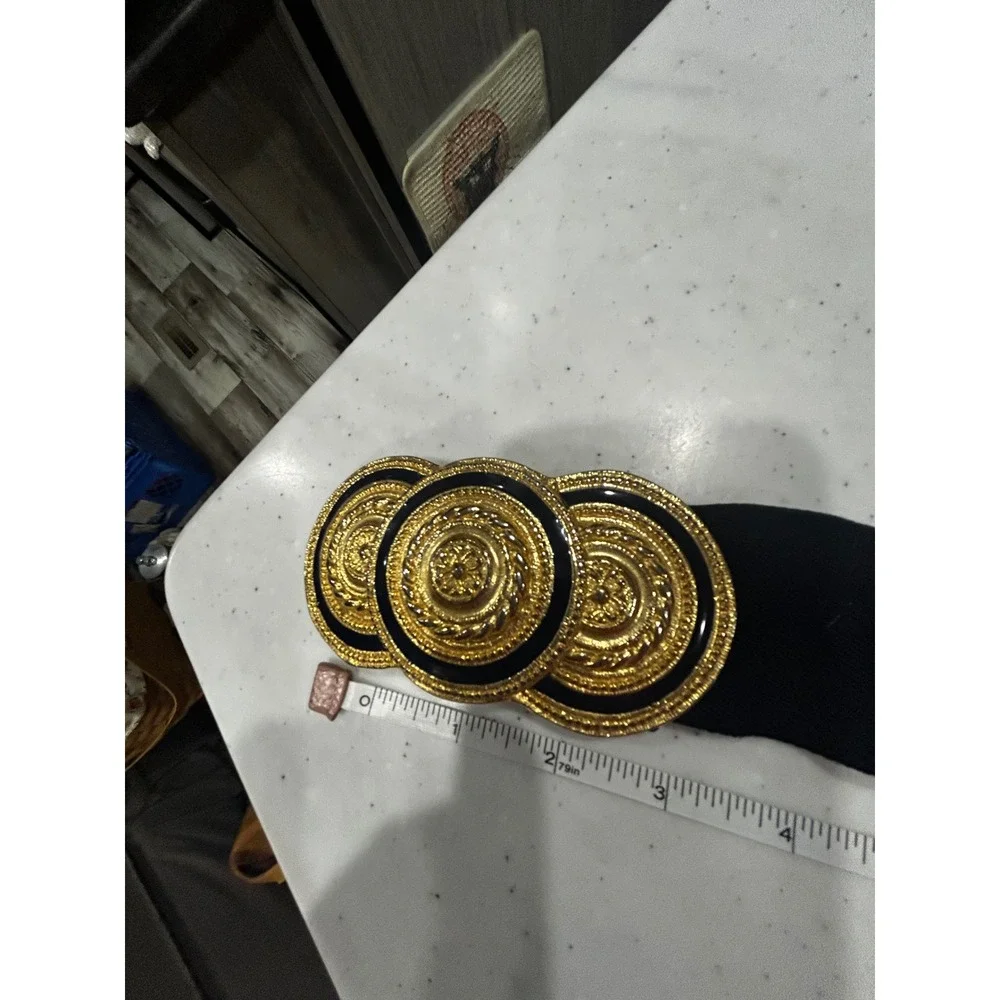 Mimi Lewis Vintage Navy Blue Elastic Cinch Belt Gold Triple Medallion Buckle